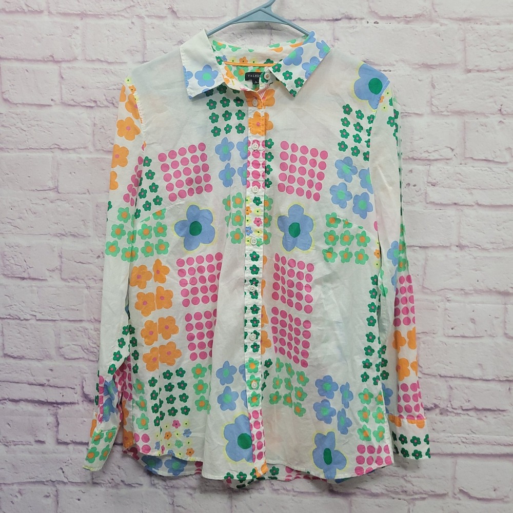 Talbots Colorful Floral Button Shirt Women L 100% Cotton Semi Sheer Retro Hippie